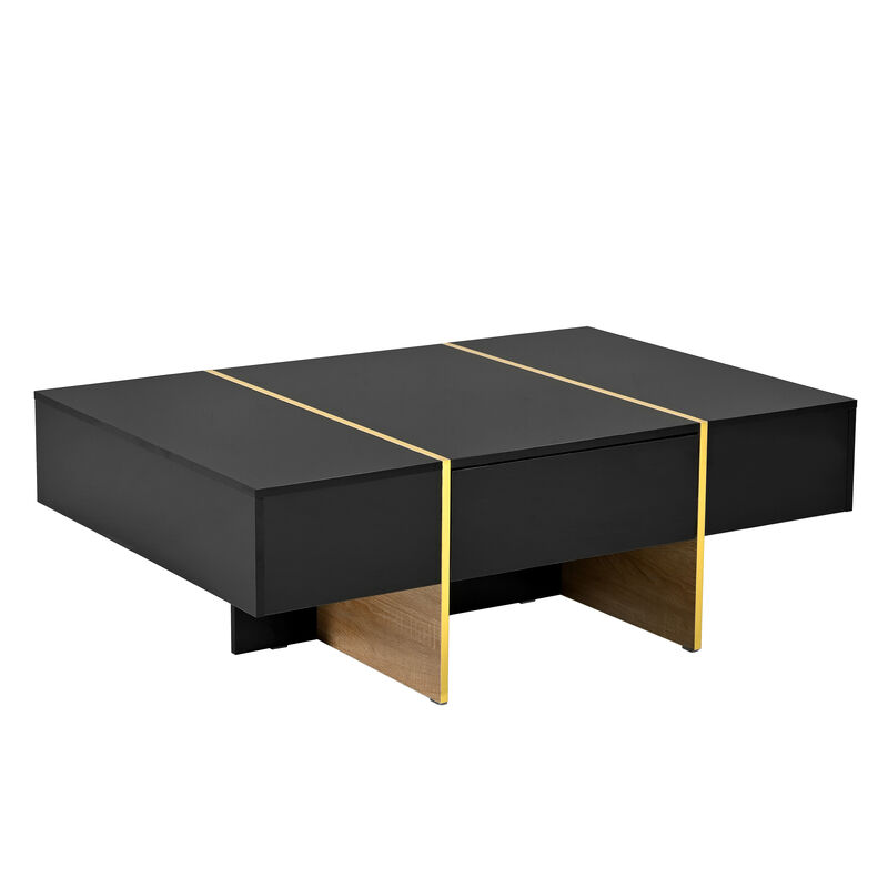 Clihome 47.2'' x 31.4''Minimalist High Gloss Coffee Table with 2 Drawers, Multi-Storage Rectangle Sofa Table with Golden Wood Grain Legs, Modern Center Table for Living Room