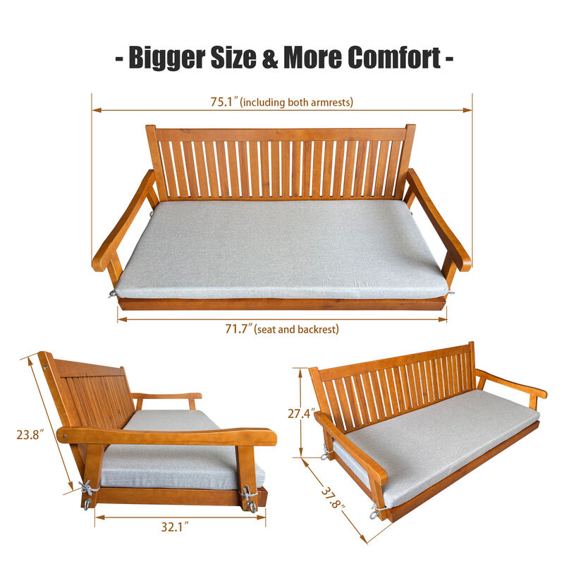 Wooden Porch Swing Bed with Thick Cushion &ndash; 6 FT Outdoor Hanging Daybed for Patio or Porch, Heavy Duty 1000 LBS (Teak Tone) image number 2