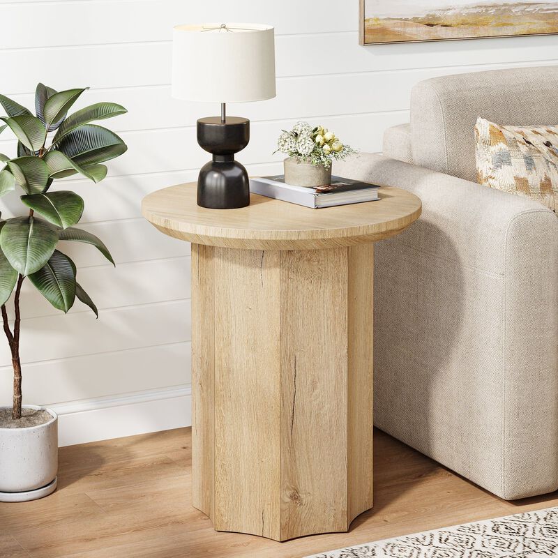 Wooden Round End Table, Pedestal Side Table with Octagonal Base-Light Brown image number 3