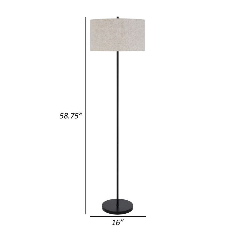Sie 59 Inch Floor Lamp, White Linen Shade, Round Base, Black Metal Pole - Benzara