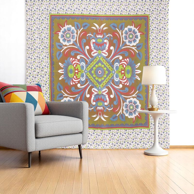 HomeRoots 88" X 84" Green Red And White Floral Cotton Hanging Tapestry image number 1