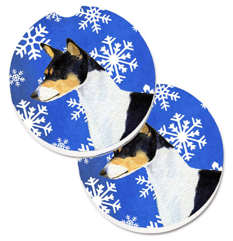 Caroline's Treasures Basenji Winter Snowflakes Holiday Set of 2 Cup Holder Car Coasters SS4652CARC, 2.56, Multicolor image number 0