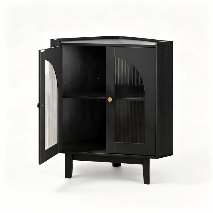Floor Corner Cabinet, Fluted Storage Cabinet with Sliding Doors and Adjustable Shelves, Modern Wooden Freestanding Storage Organizer