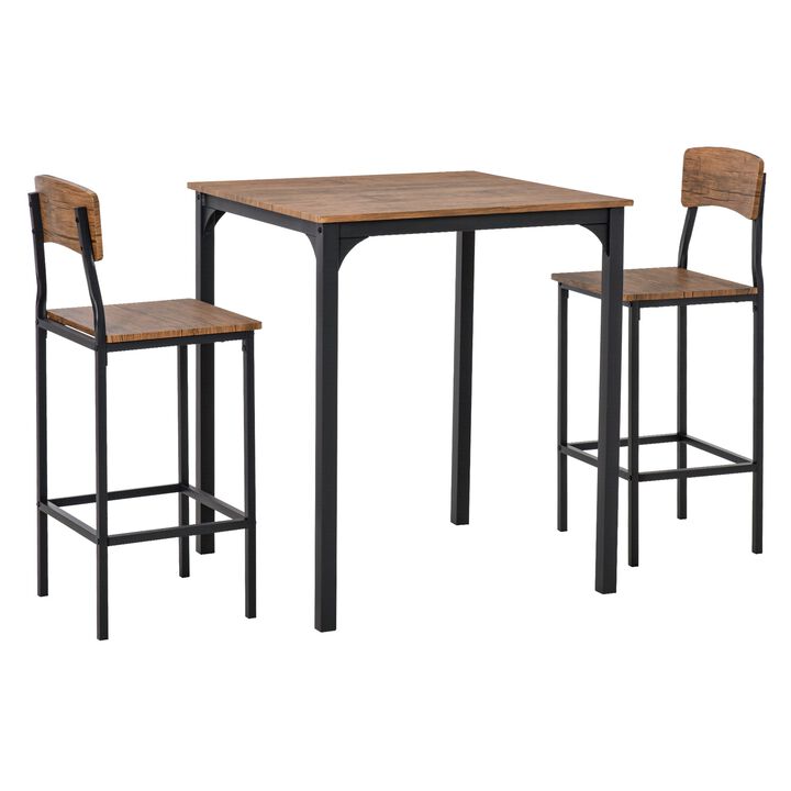 3 Piece Industrial Counter Height Dining Table Set, Bar Table & Chairs with Steel Legs & Footrests, Black