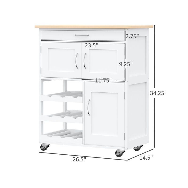 White Kitchen Helper: Rolling Cart with Wine Rack & Wooden Countertop