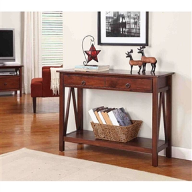 2-Drawer Console Sofa Table in Tobacco Finish Functional Storage Shelf for Living Room
