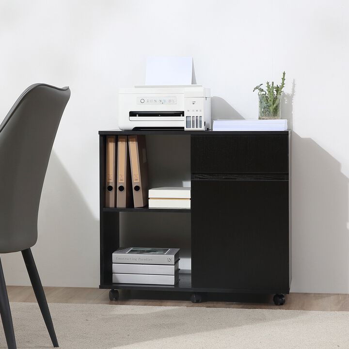 Black Filing Cabinet & Printer Stand with Open Shelves is a versatile unit for home or office use, including an easy-access drawer.