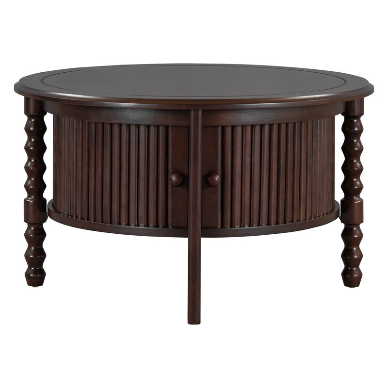 Merax 30.3" Vintage Round Coffee Table with Storage - Mid Century Modern Cocktail Table with Sliding Door & Slatted Design for Small Spaces