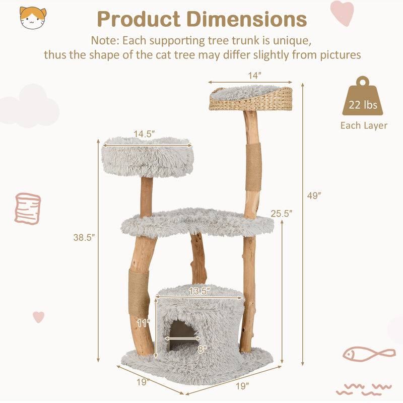 Solid Wood Cat Tree Tower – Elevated Cattail Basket Bed & Multi-Tier Activity Center