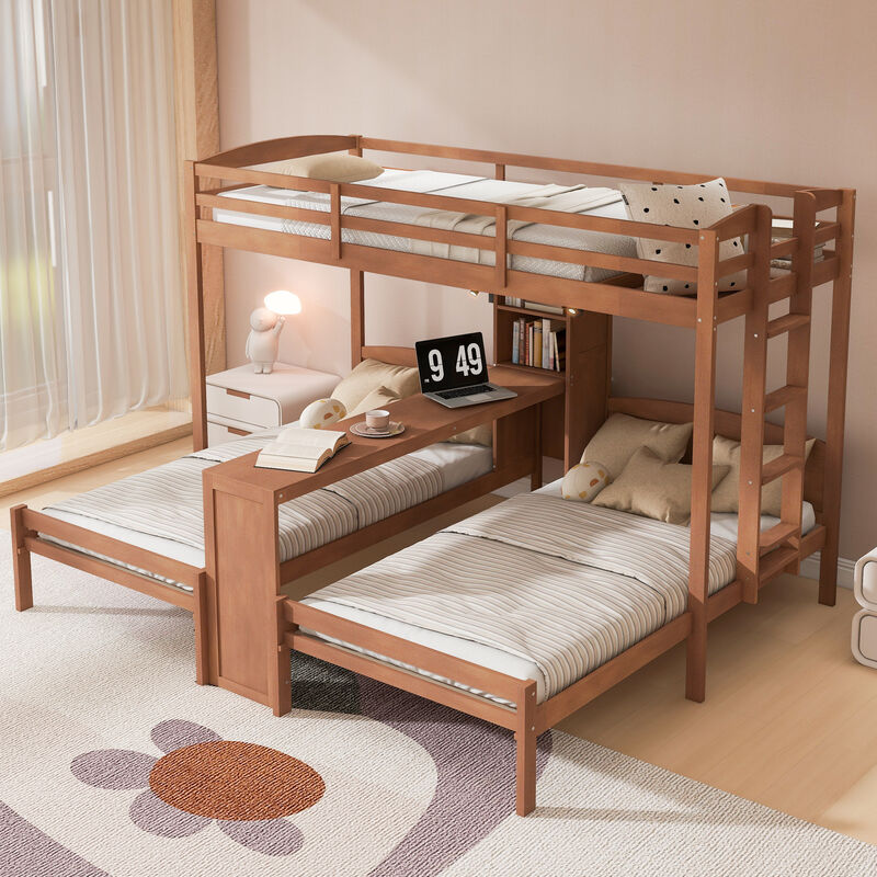 Merax Twin over Twin&Twin Bunk Bed with Built-in Desk and Storage Shelves image number 2