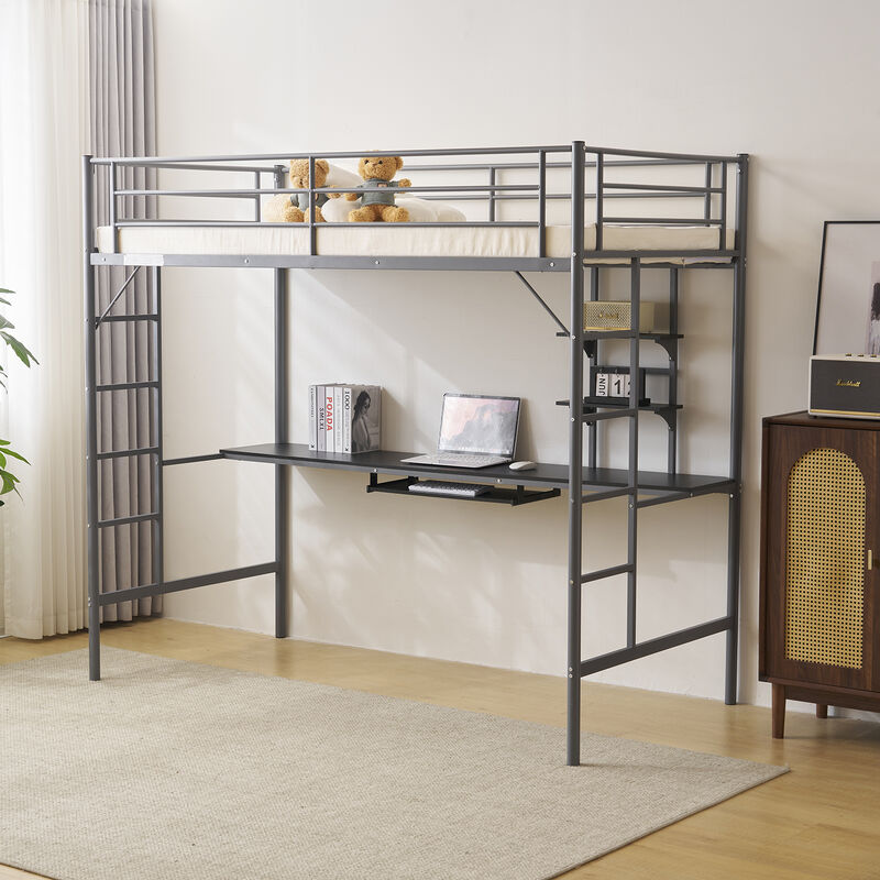 Metal Loft Bed with Desk, Storage Shelves, Dual Ladders & Full-Length Guardrails, No Box Spring Needed