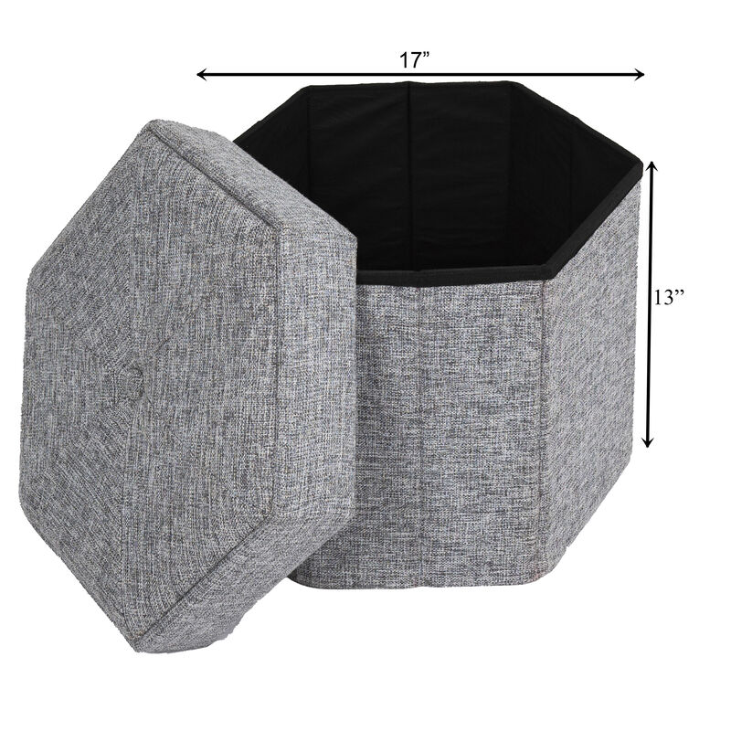 Small Decorative Grey Foldable Hexagon Ottoman for Living Room, Bedroom, Dining, Playroom or Office