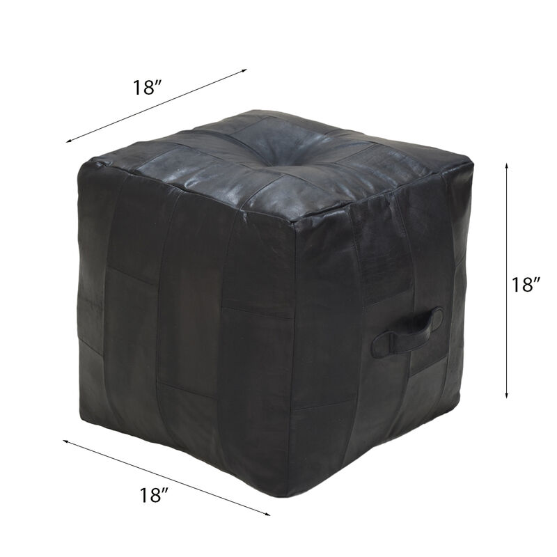 Geometric Handmade Leather Square Pouf 16"x16"x16" (Recycled Foam with Fibre Fill) Black Color MABBBACPF25 BBH Homes