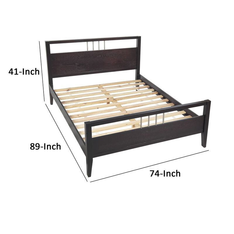 Fang California King Bed, Sleigh Headboard, Metal Bars, Espresso Brown - Benzara