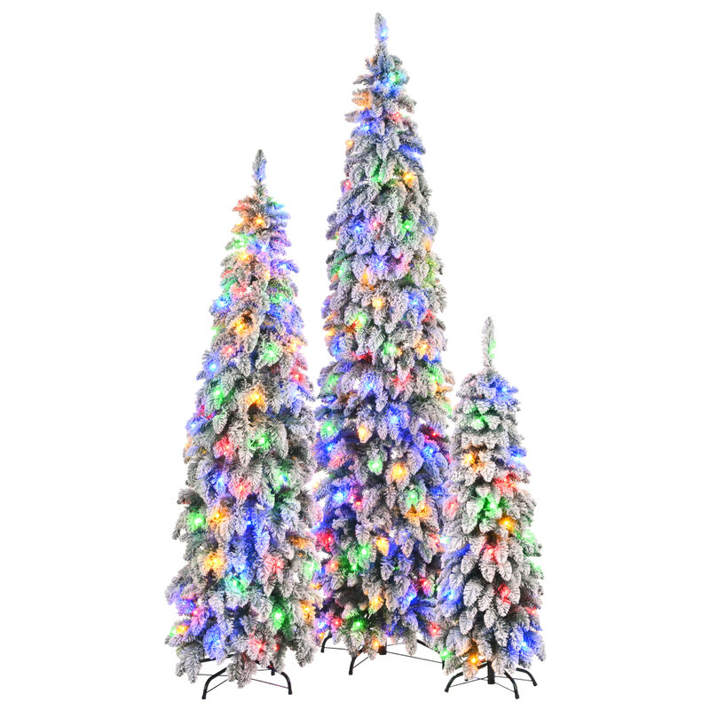Whisen 8FT, 6FT, 4FT Pre-Lit Pencil Christmas Trees, 3-set Slim Artificial Christmas Tree With Snow Flocking, Xmas Holiday Decoration Tree, 1455 Branch Tips, 520 LED Lights image number 4
