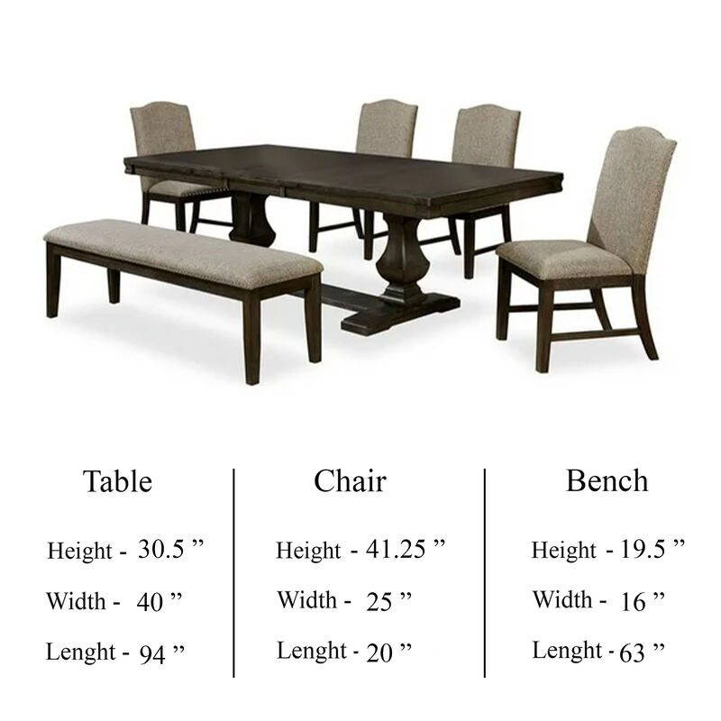 Kely 6pc Dining Table, Chair and Bench Set, Extendable Top, Brown Gray image number 5
