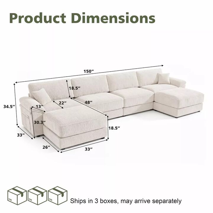 Vipbear 150 Inch Chenille Oversized Modular Sectional Sofa U Shaped Cloud Couch with Movable Ottoman