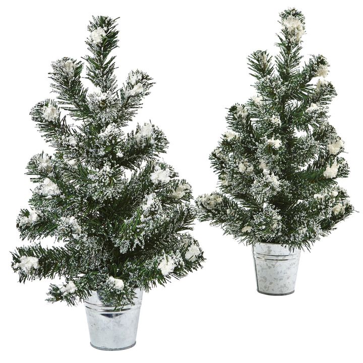 Nearly Natural 18-in Snowy Pine Tree with Tin (Set of 2)