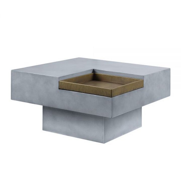 32 Inch Coffee Table with Removable Tray, Cement Construction, Smooth Gray - Benzara