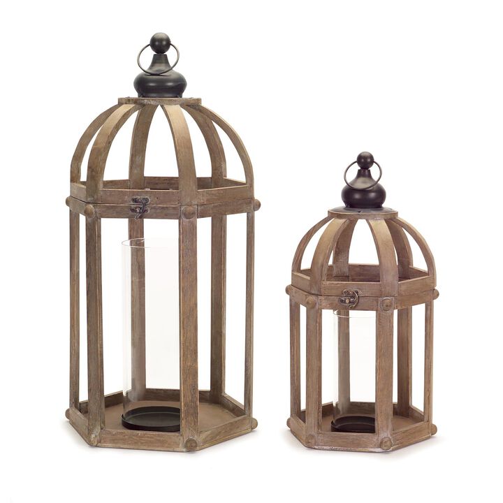 HomeRoots Set of Two Brown Distressed Wood And Glass Floor Lantern Candle Holders