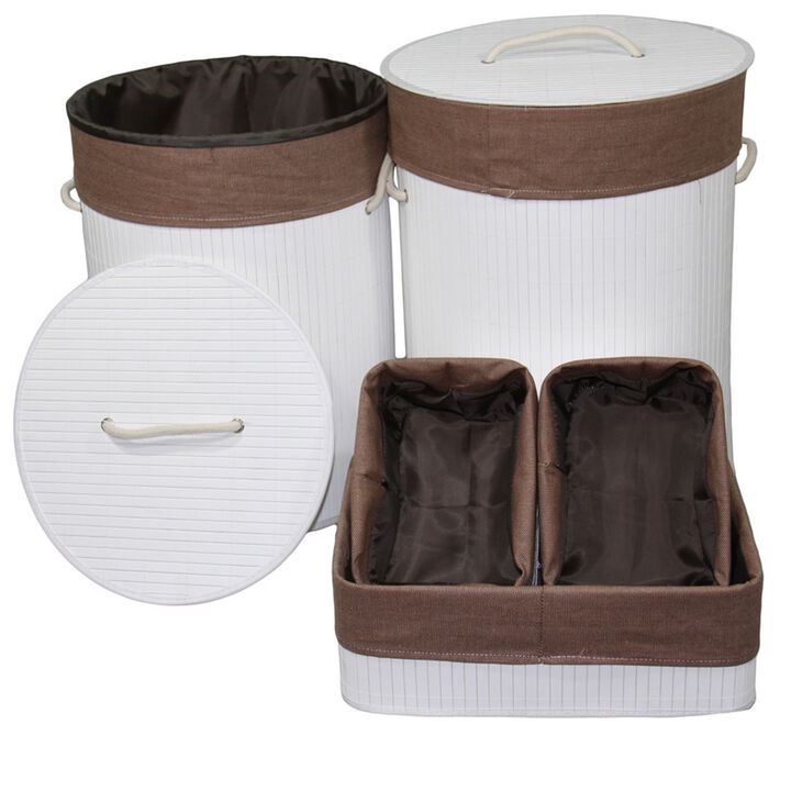 5 Piece Laundry Basket and Tray Set, Round Folding Brown Bamboo, White - Benzara