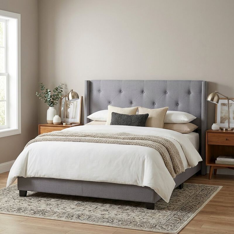 Gray Upholstered Queen Headboard with Solid Rubberwood Frame and Sturdy Design image number 2