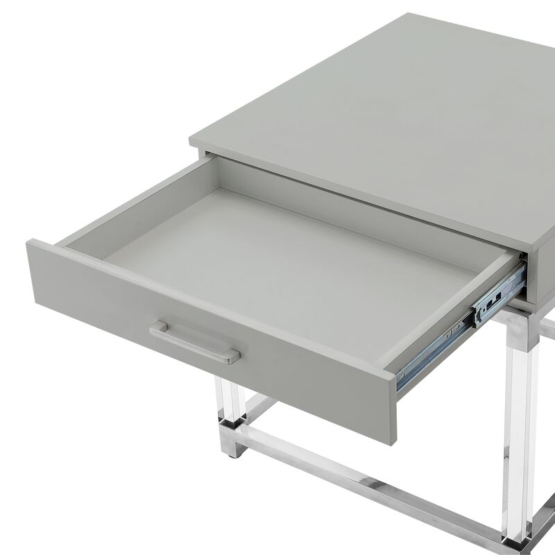 Inspired Home Kalel High Gloss 1 Drawer End Table with Acrylic Legs Stainless Steel Base