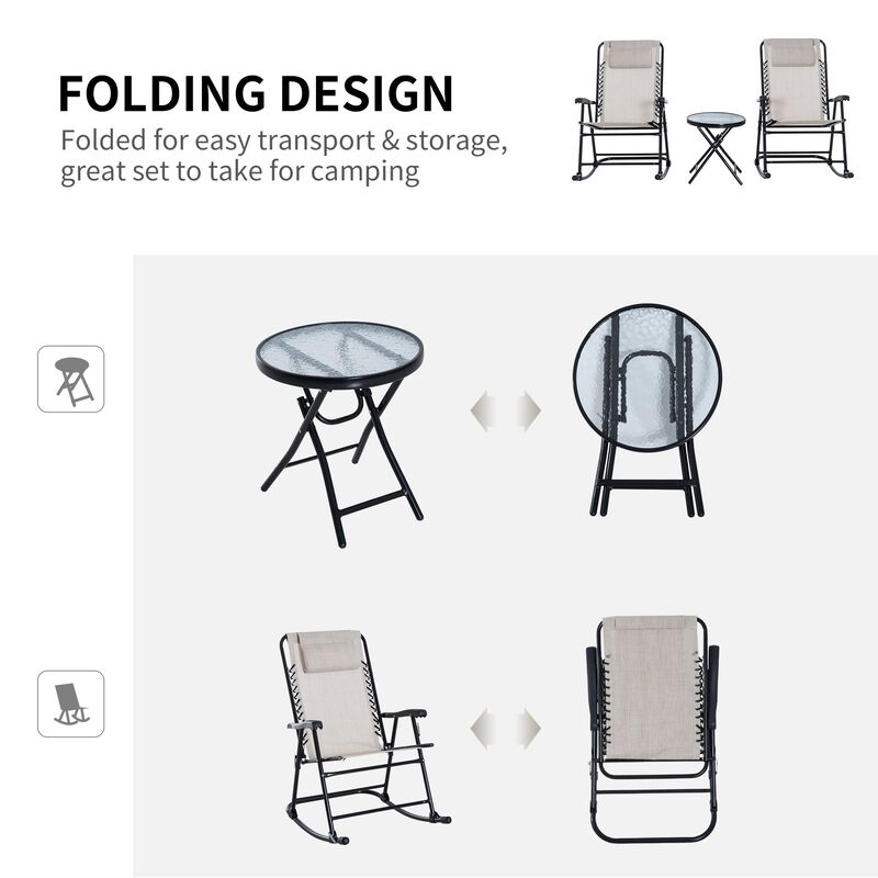 Cream Outdoor Ensemble: 3-Piece Folding Rocking Set with Glass Table