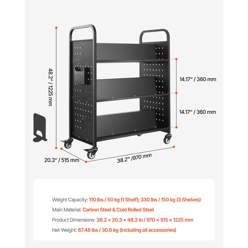 Single-Sided Rolling Book Cart with Lockable Wheels, Library Shelf for School & Office image number 2
