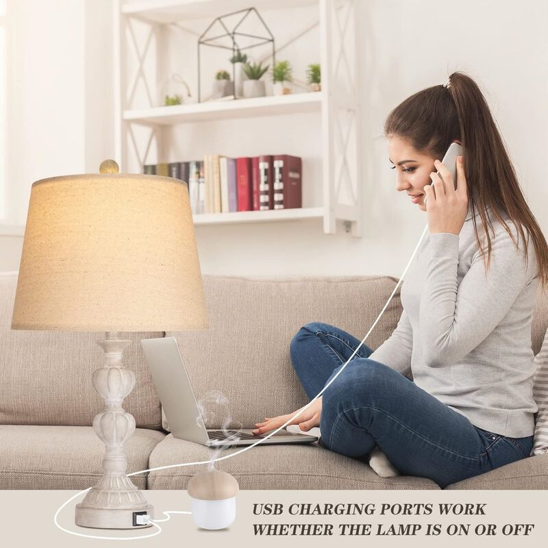Touch Control Coastal Farmhouse Table Lamp Set of 2, 3-Way Dimmable Bedside Lamp with 2 USB Charging Ports, French Country Style Nightstand Lamp image number 4