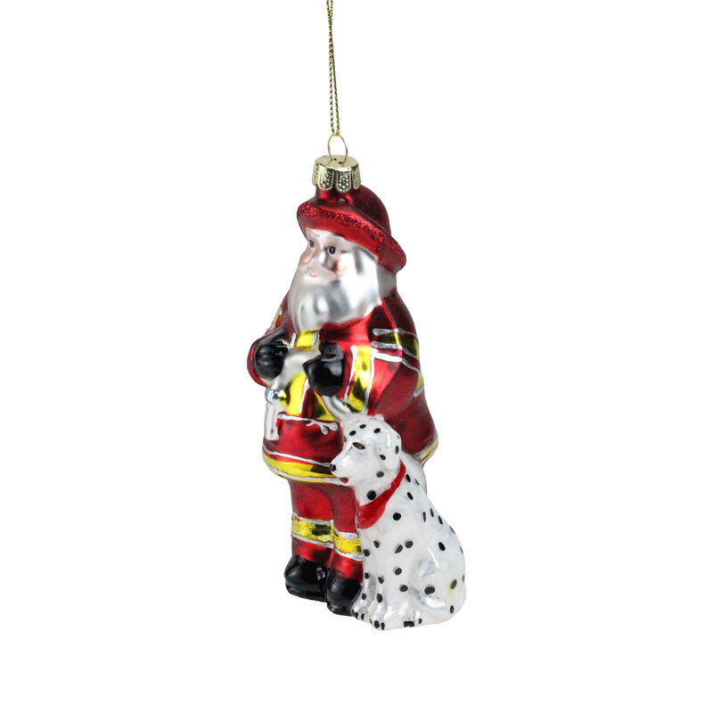 5" Red and White Fireman Santa Claus with Dalmatian Glass Christmas Ornament image number 1