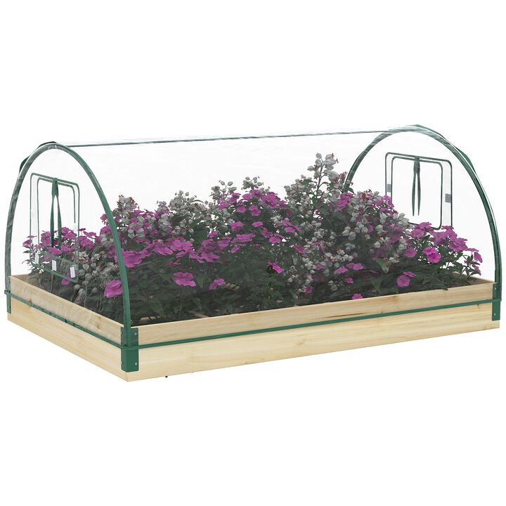 Outsunny 12 Pockets Raised Garden Bed with Greenhouse and Roll Up Windows, Wooden Planter Box Kit with Cover, Dual Use for Vegetables, Flowers, 4' x 3' x 2'
