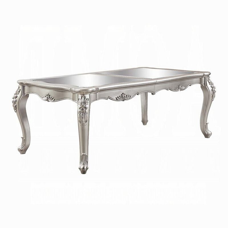 Bowe Dining Table, 80-96 Inch, Mirrored, Classic Champagne Silver Wood