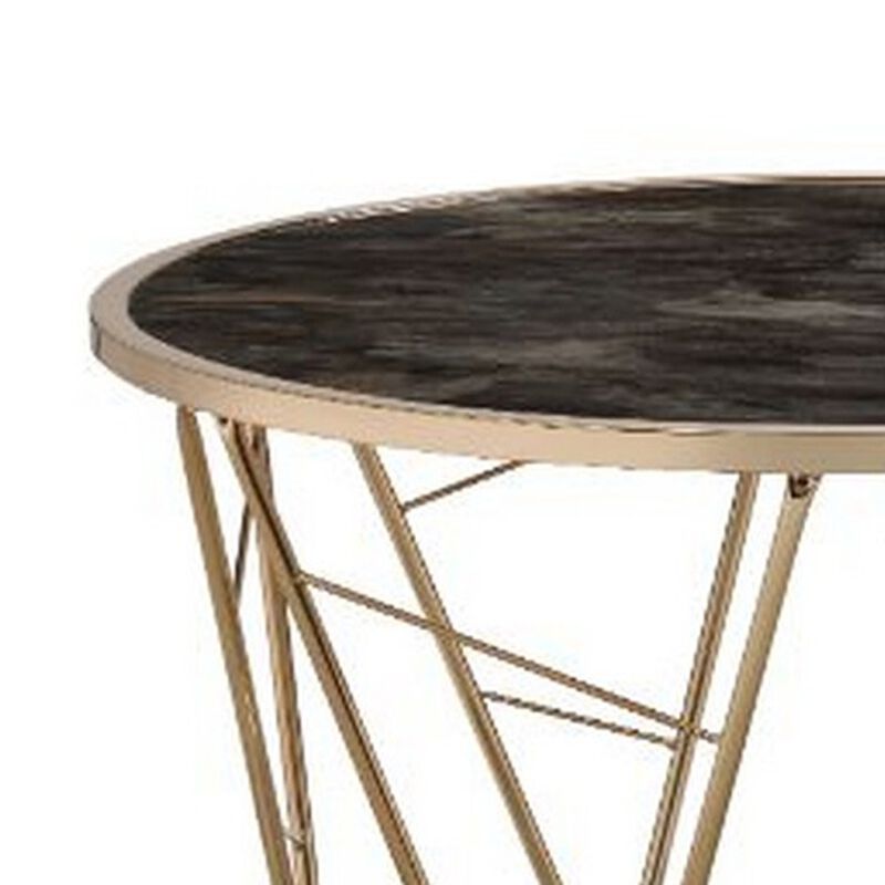 Coffee Table with Glass Top and Geometric Frame, Black and Gold-Benzara