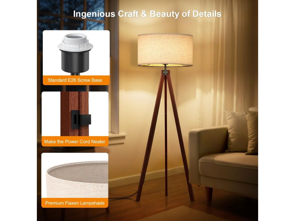 Brown Wood Tripod Floor Lamp Mid Century Standing Light with Linen Shade