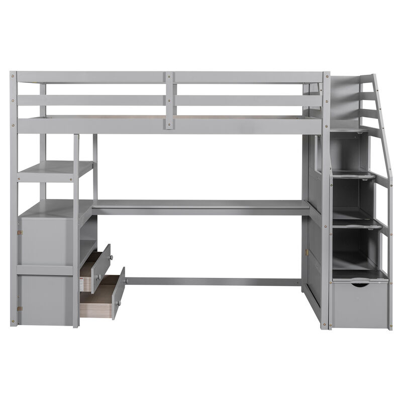 Merax  Loft Bed with Desk and Shelves, Two Built-in Drawers