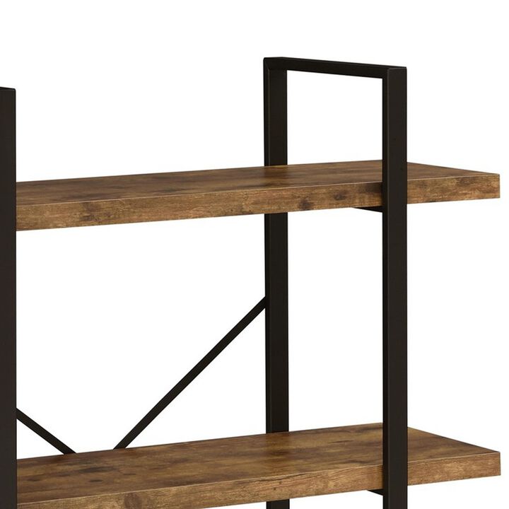 Ana 40 Inch Wood Bookcase, 3 Shelves, Crossed Metal Design, Rustic Brown-Benzara