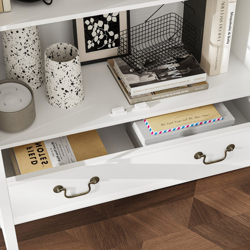 FUFU&GAGA Modern Display Storage Cabinet with 2 Glass Doors, 1 Drawer & Retro Handles, Solid Painted Wood Legs, Elevated Base, (34.6 in. W x 15.7 in. D x 77.2 in. H), White