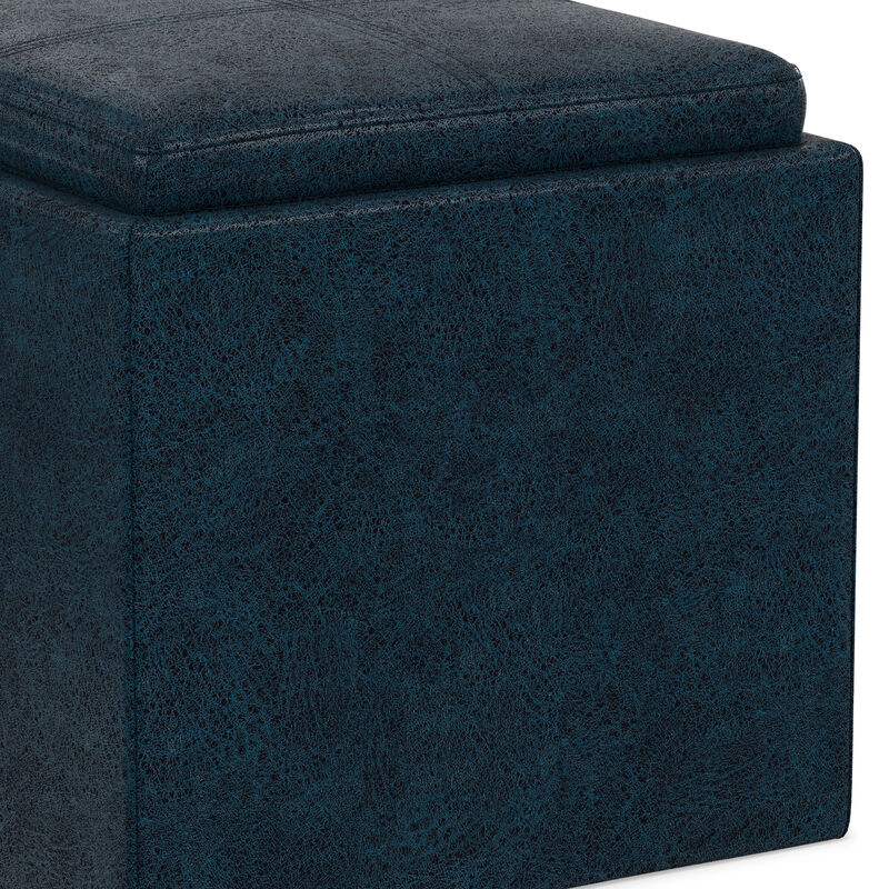 Rockwood 17 inch Wide Contemporary Square Cube Storage Ottoman with Tray in Distressed Dark Blue Vegan Faux Leather, Assembled image number 9