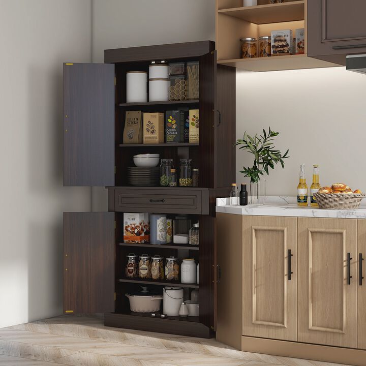 71" Freestanding Kitchen Pantry with 4 Doors and 2 Large Cabinets, Tall Storage Cabinet with Drawer, Coffee