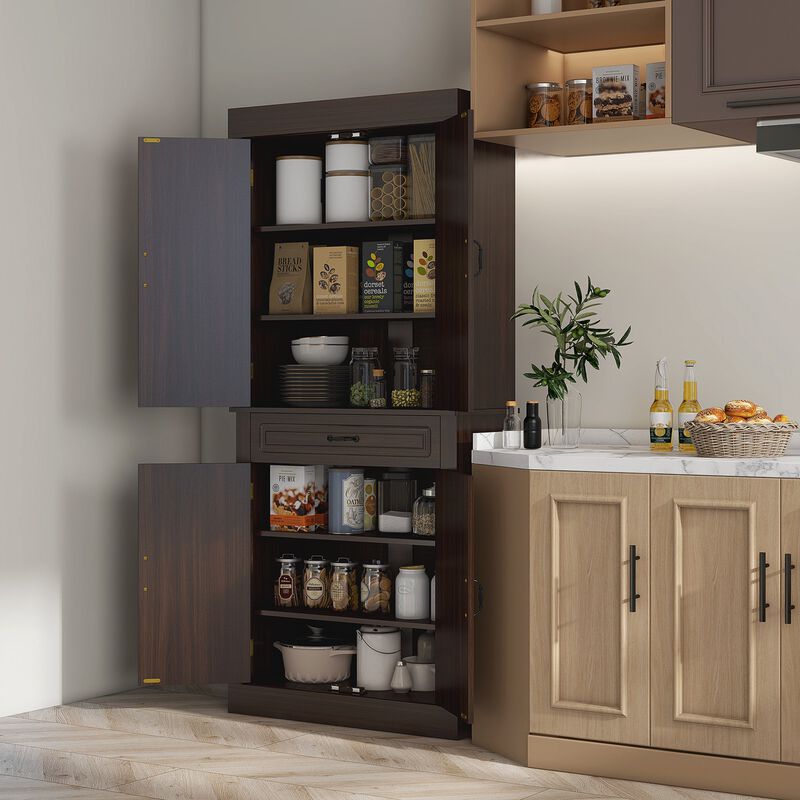 71" Coffee Tall Kitchen Pantry: 4 Doors, 2 Cabinets, Drawer