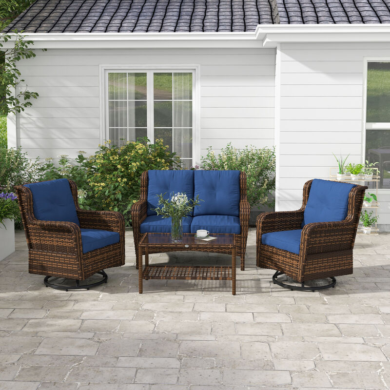 Outsunny 4 Piece PE Rattan Outdoor Patio Furniture Set, Wicker Conversation Set with 2 Swivel Rocking Chairs, 2-Tier Glass Table and Loveseat for Garden, Patio, Poolside, Dark Blue