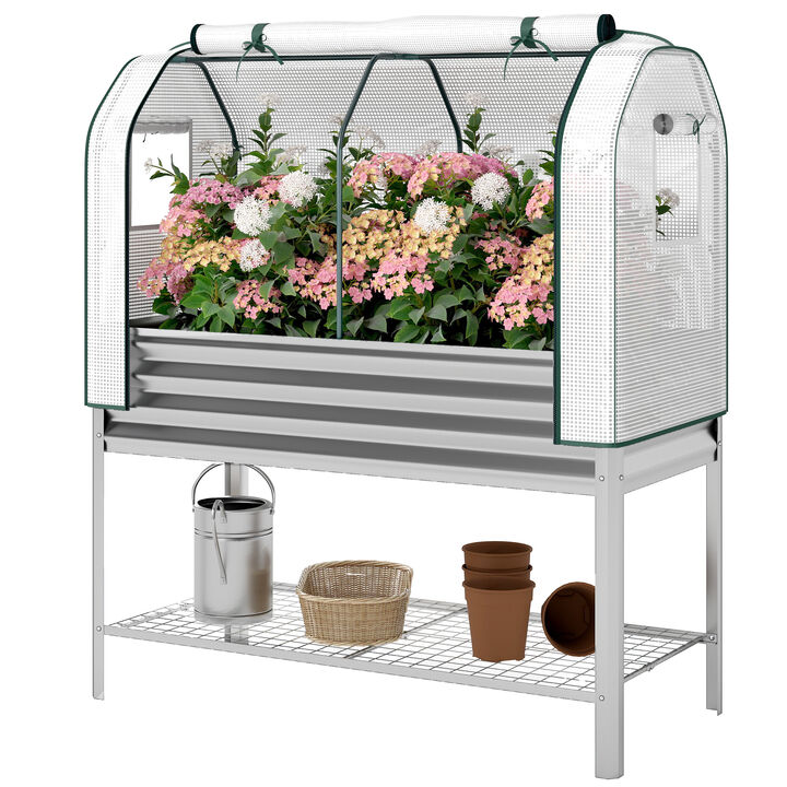 Hivvago Metal Raised Planter with Greenhouse Cover and Shelf