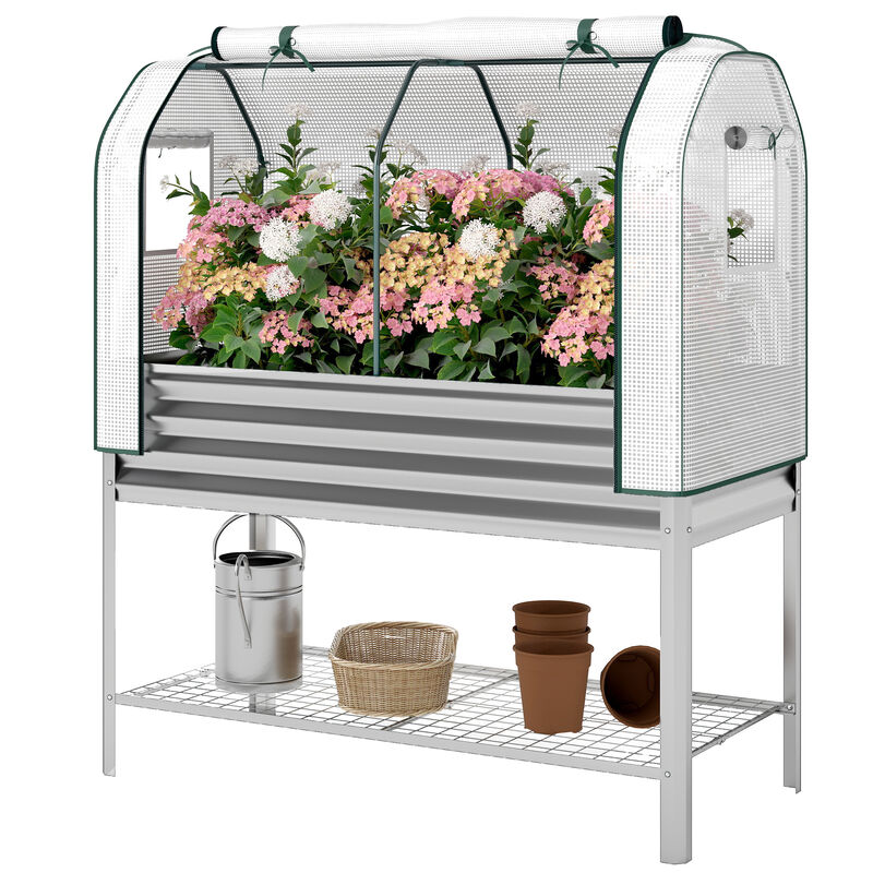 Hivvago Metal Raised Planter with Greenhouse Cover and Shelf image number 0