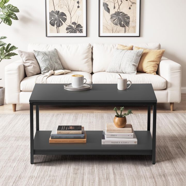 SUPER DEAL 2-Tier Industrial Coffee Table with Storage Shelf for Small Apartment Living Room, Rectangle Wood and Stable Metal TV
