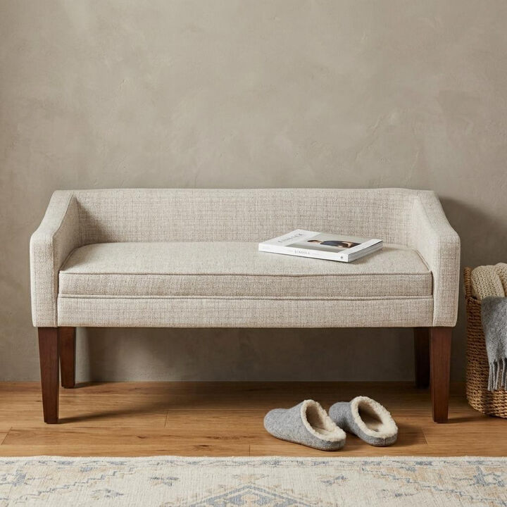 HomeRoots 50" Beige and Brown Fabric and Wood Upholstered Bench