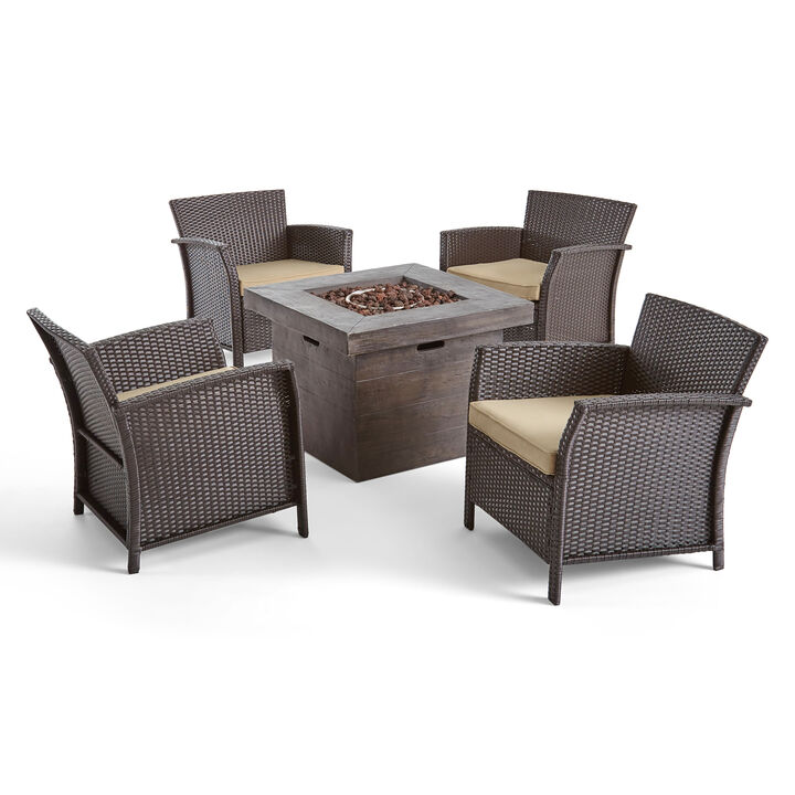 Christopher Knight Home Elise Outdoor Wicker 5 Piece Club Chair and Fire Pit Set with Cushion