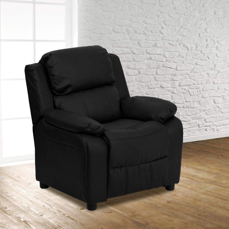 Flash Furniture Charlie LeatherSoft Kids Recliner with Flip-Up Storage Arms and Safety Recline, Contemporary Reclining Chair for Kids, Supports up to 90 lbs., Black