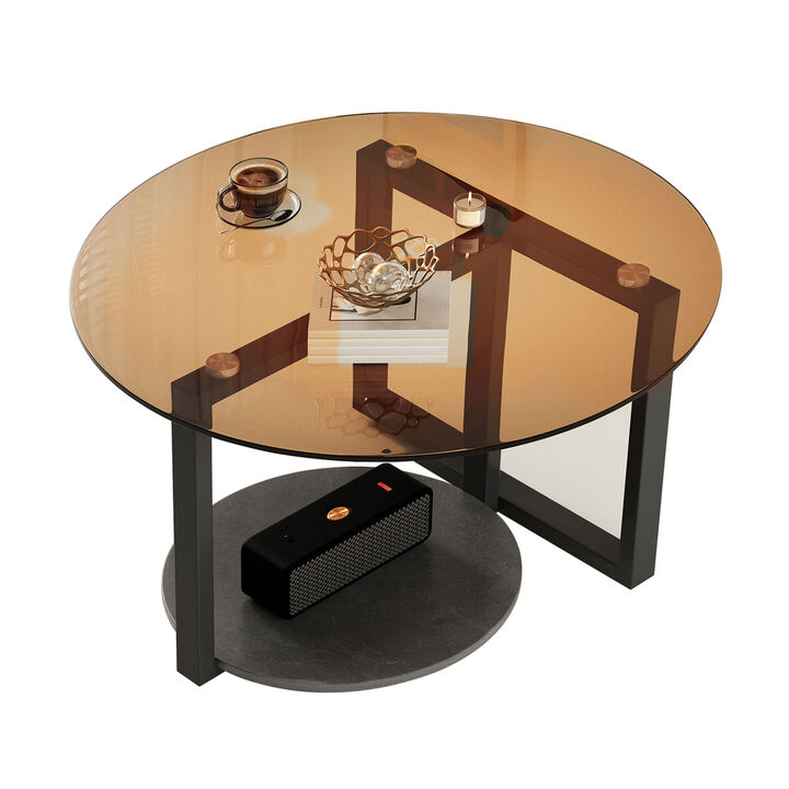 Brown Glass Coffee Table Round Abstract Tempered Glass Accent Table Furniture