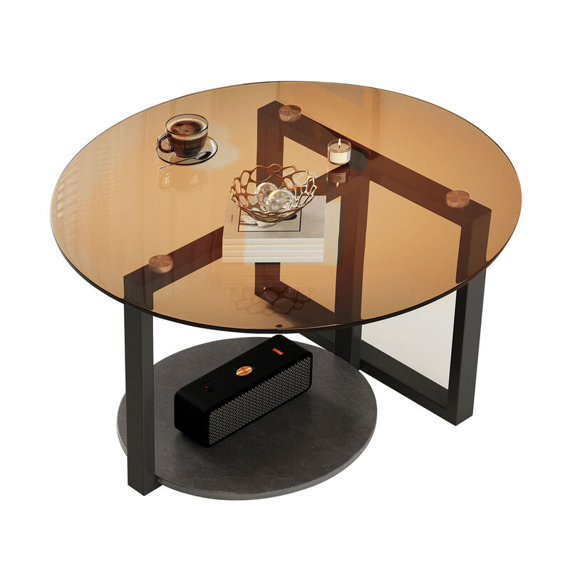 Brown Glass Coffee Table Round Abstract Tempered Glass Accent Table Furniture image number 0